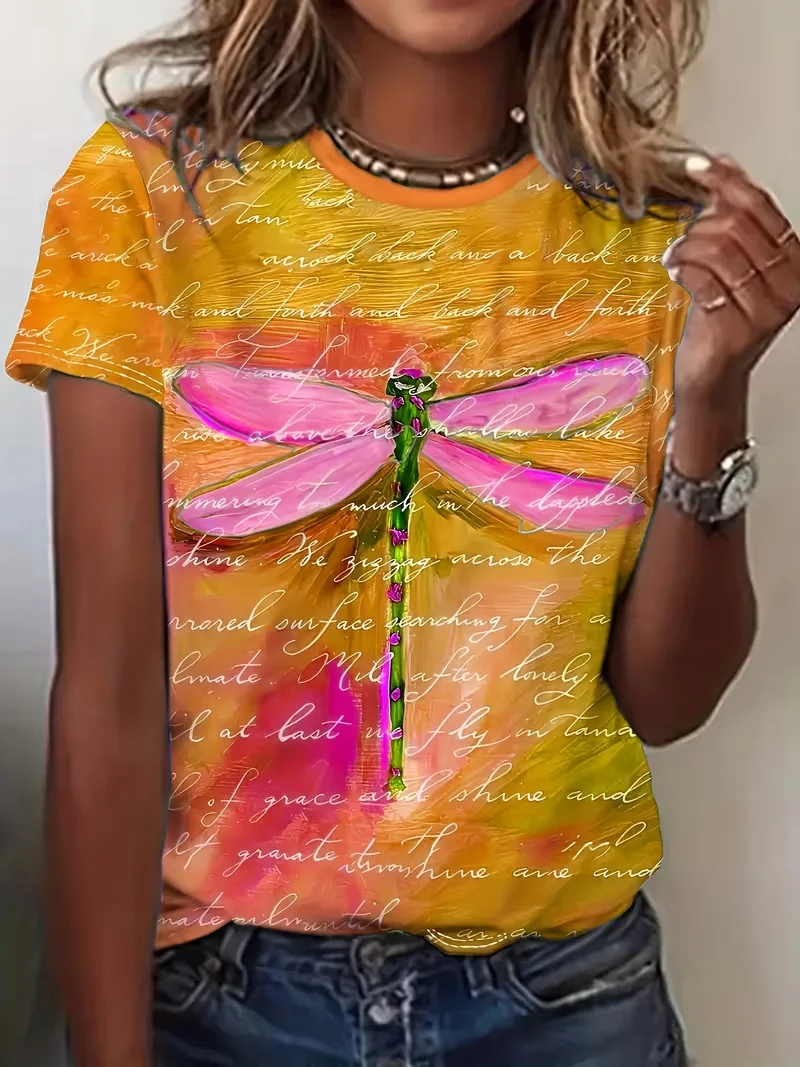 

2026 Hot Selling Women's Dragonfly Letter Printed Large T-shirt Fashion Digital Printed Short Sleeve Round Neck Top Short Sleeve