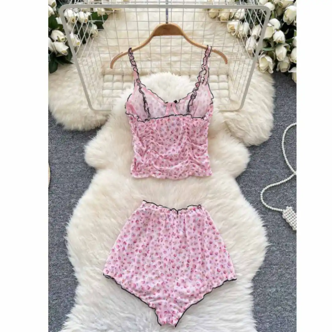Women Sweet Homewear Suits Floral Print Ruched Straps Tops High Waist Wide Legs Shorts Hotsweet Thin Cozy Sets image 4