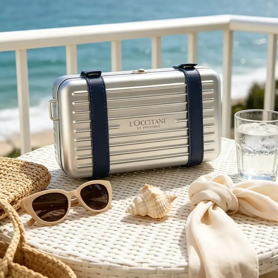 Loccitane ABS Hard Shell Cosmetic Bag Silver Metallic Paint Vertical Stripe Pressure Resistant Detachable Adjustable Dark Blue P