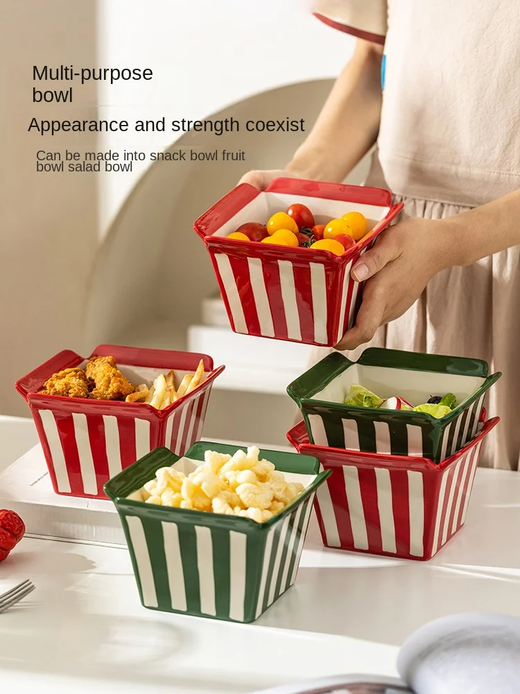 Fruit Salad Bowl Ceramic Underglaze Red Striped Square 5-Inch Exquisite Home Creative Shape Storage Snack Dessert American Style