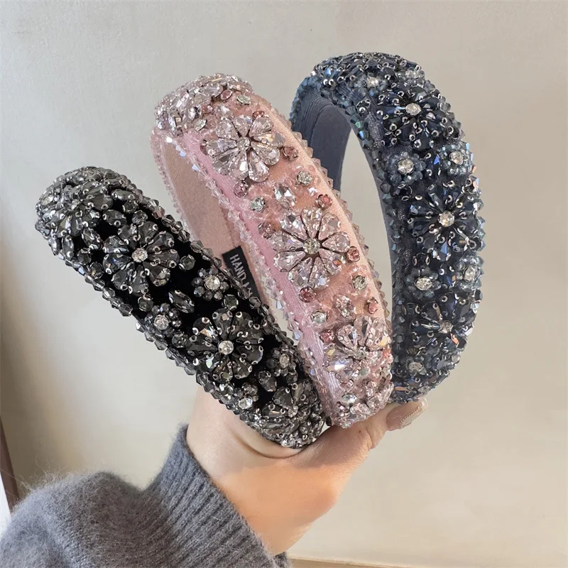 Sparkly Crystal Big Stone Wide Headbands For Women Full Rhinestone Flower Hair Hoop Hair Bands Female Gemstone Hair Accessories