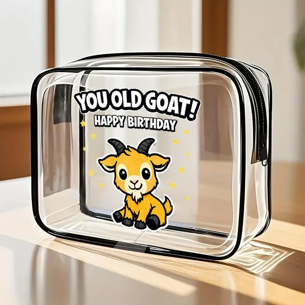 Cartoon For Goat Birthday Clear PVC Toiletry Bag With Zippered Cosmetic Organizer Kawaii Style With Yellow Stars Portable Makeup