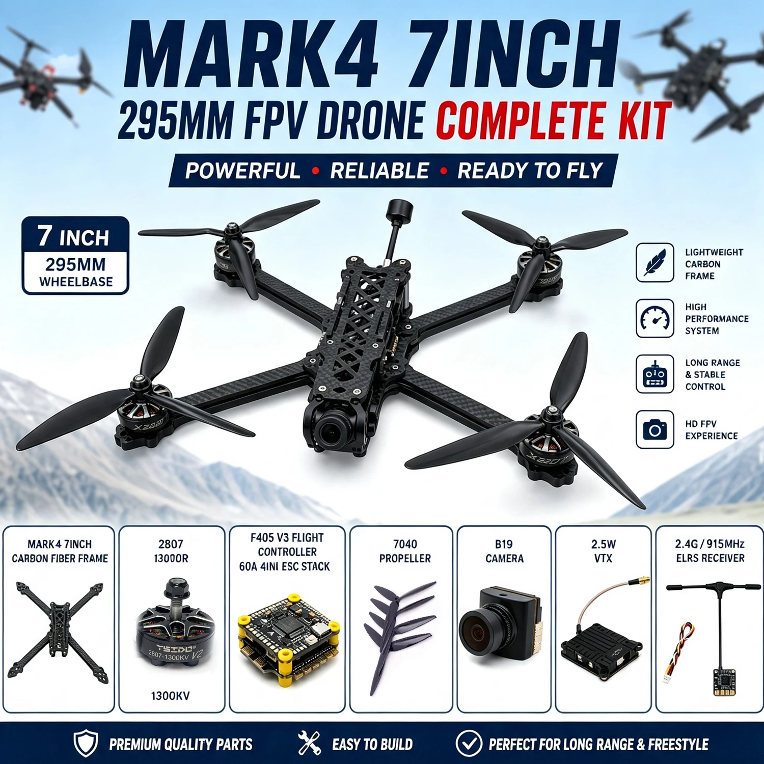 Mark4 7inch 295mm FPV Carbon Fiber Frame F405 V3 Flight Control 60A 4-IN-1 ESC X2807 Motor 7040 Propeller Camera 2.5W VTX ELRS