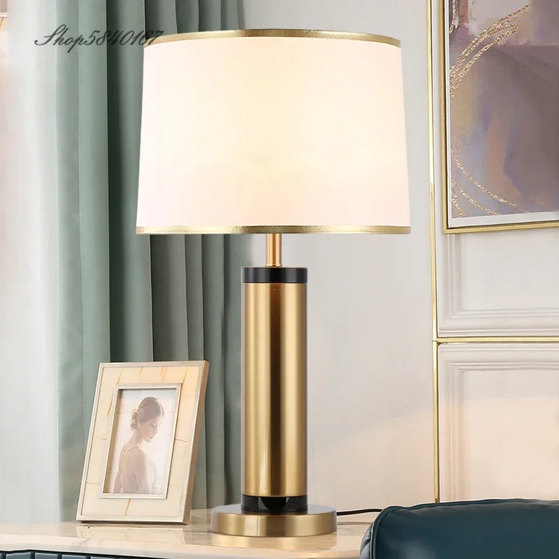 Modern Copper Table Lamp Minimalist Beside Lamp for Bedroom Living Room Foyer Decor Study Desk Light Fabric Lampshade E27 Lights