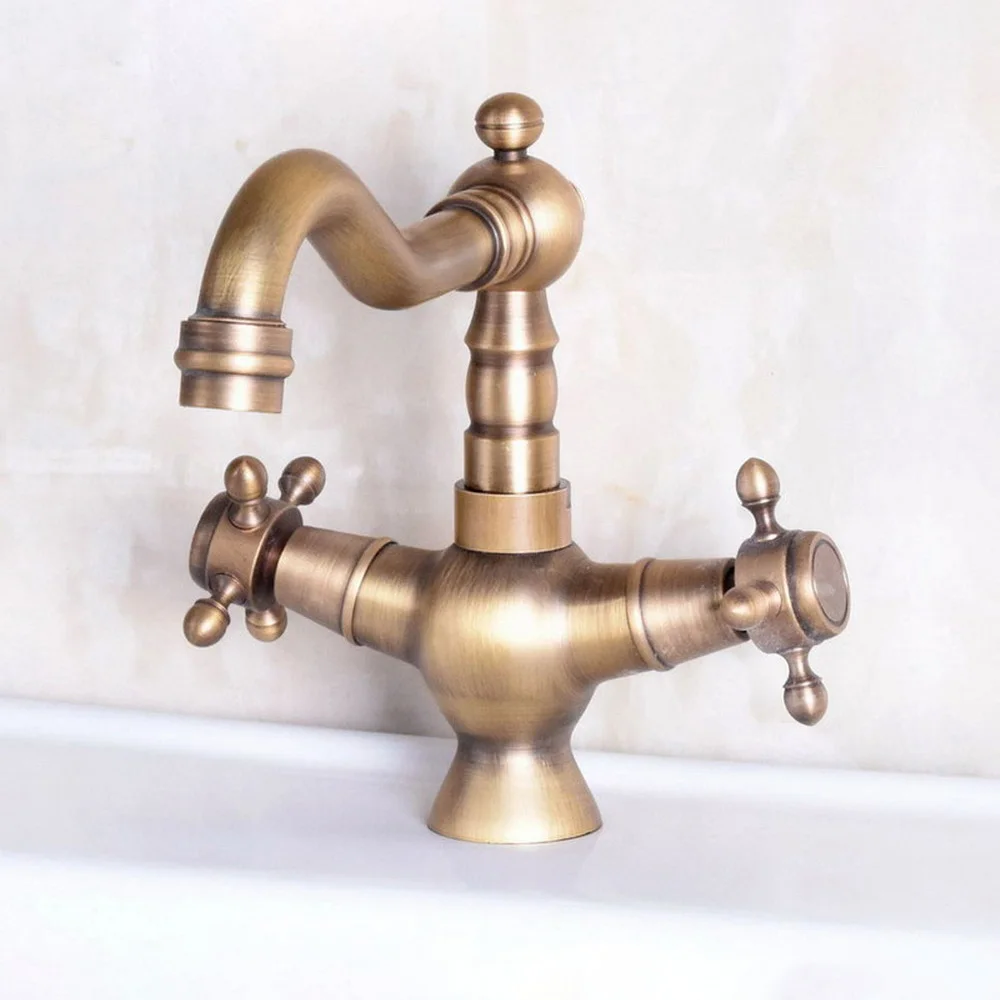 Antique Brass Single Hole Double Cross Handles Swivel Spout Kitchen Sink Bathroom Vessel Basin Faucet Mixer Tap anf248