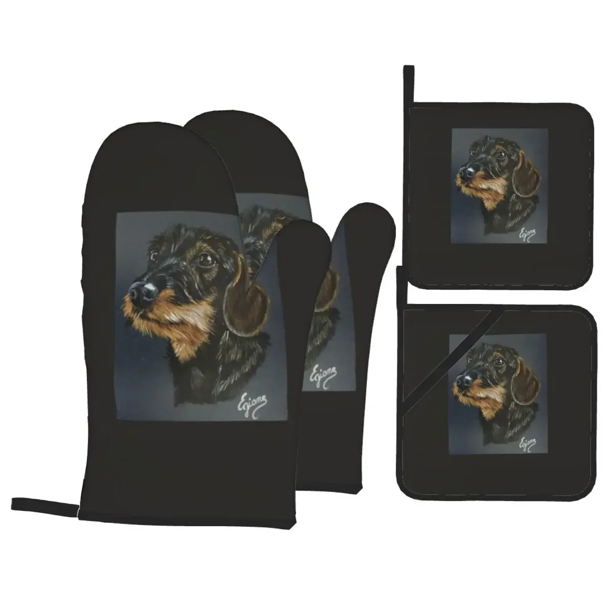 

Dachshund Oven Mitts and Pot Holders Sets of 4 Non-Slip Badger Sausage the Wiener Dog BBQ Kitchen Gloves for Cooking Baking