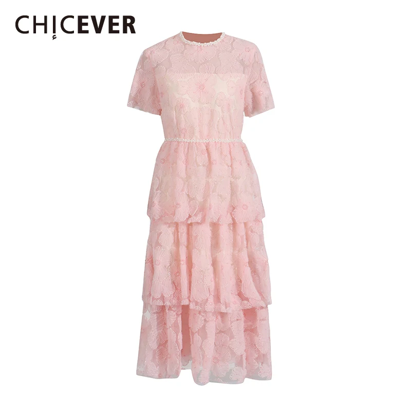 

CHICEVER Elegant Spliced Appliques Party Dress for Women O Neck Short Sleeve Spliced Tierred Mesh Midi Dresses Female Summer New