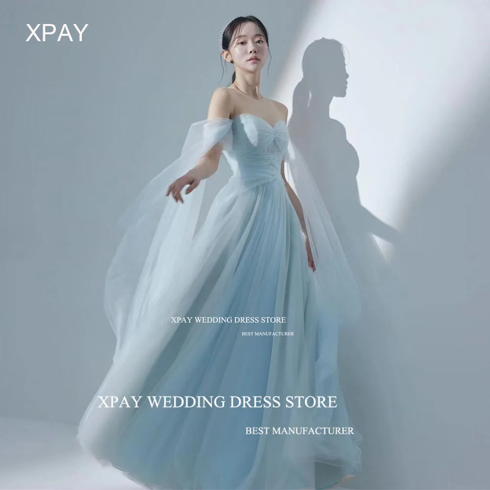 Xpay-sky-青い青いイブニングドレス,裸の肩,ノースリーブ,ホルター,カスタムパーティードレス,エレガントな結婚式の写真,韓国