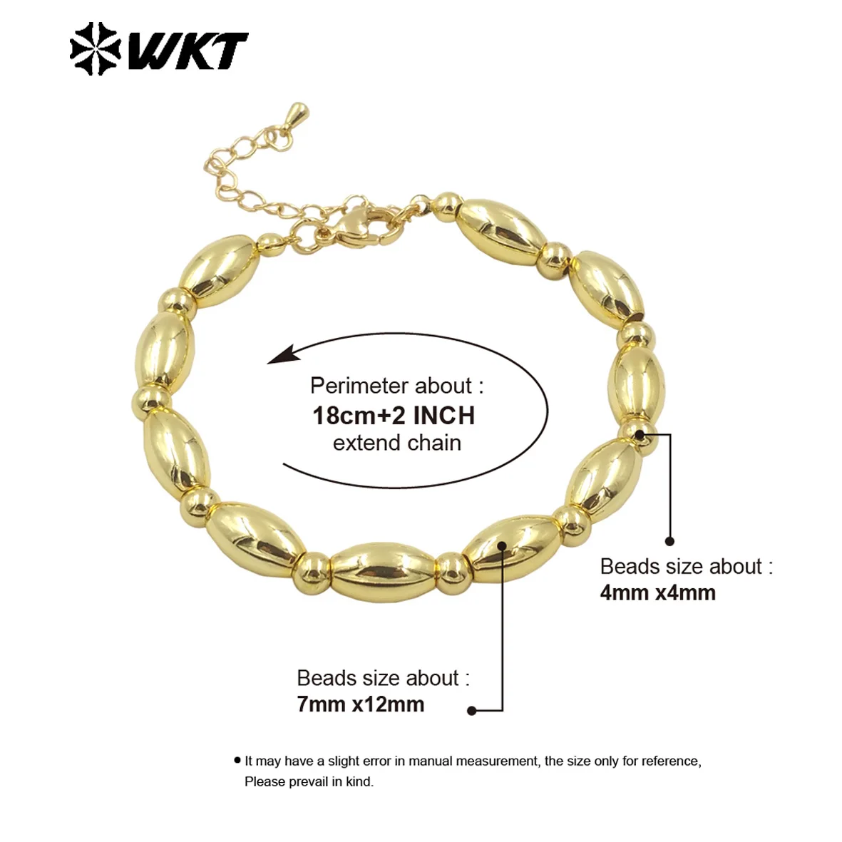 WT-JF349 Exquisite Vintage Rice Shape Beads Spacing In 18k Gold Plating Adjustable Size Bracelet For Women Jewelry Finding