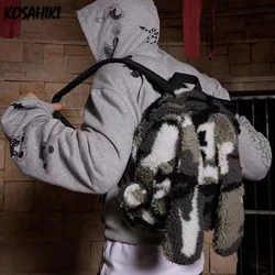 Y2k Aesthetic Rabbit Ears Camouflage Backpack Fluffy Vintage Hip Hop Students Backpacks Harajuku Ins Men Women Grunge Schoolbags