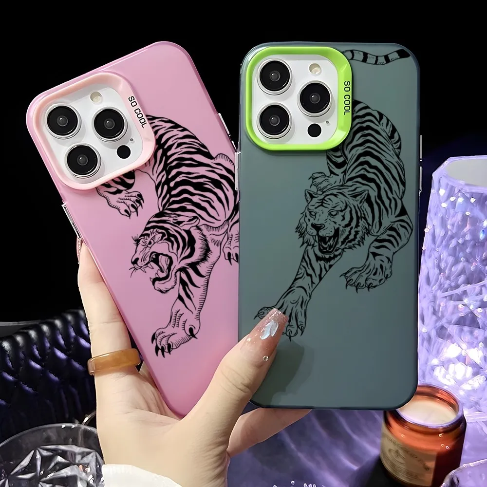 

Oriental Style Fashion Cool Tiger Phone Case For IPhone 16 15 14 13 12 11 Pro Max Pink Green Matte Laser Metallic Aurora Funda