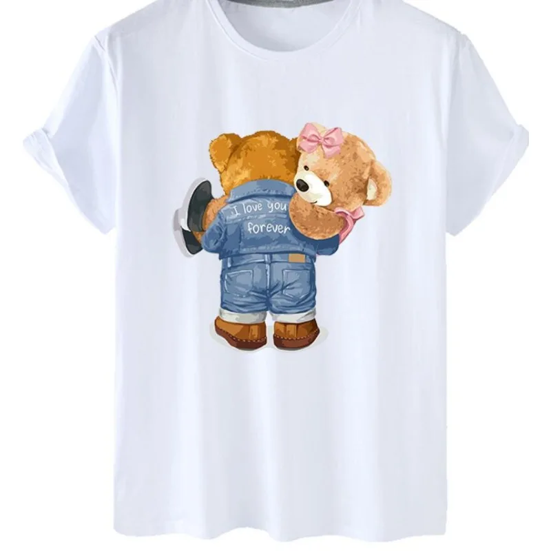 Camiseta divertida de manga corta con cuello redondo y estampado de oso de té de la leche de dibujos animados para mujer, camiseta de gran tamaño