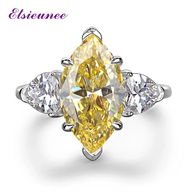 Trendy S925 Sterling Silver Mariquesa Cut 8x14MM Citrine Sapphire High Carbon Diamond Wedding Engagement Ring Fine Jewelry Gifts