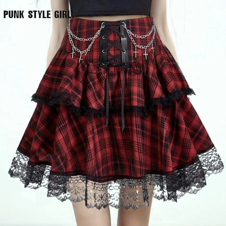 Plaid Print Subcultures Punk Rock Y2k Mini spódniczka Wysoka talia Ruffle Cake Lace Up Harajuku Gothic 2000s Ball Gown Spódnice dla kobiet