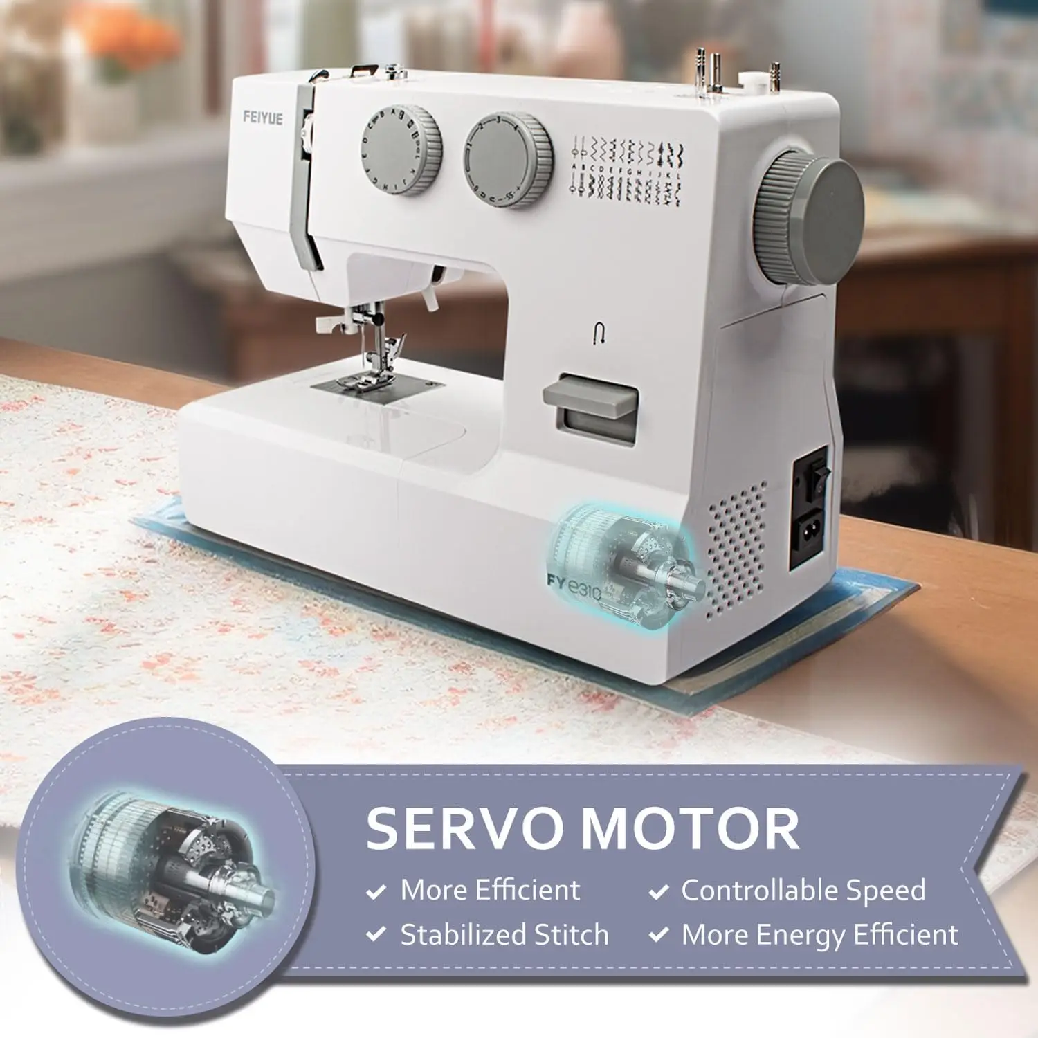 FYe310 Full Size Sewing Machine with Foot Pedal Heavy Duty & Portable Powerful Servo Motor 25 Built-in Stitches 6 Bobbins