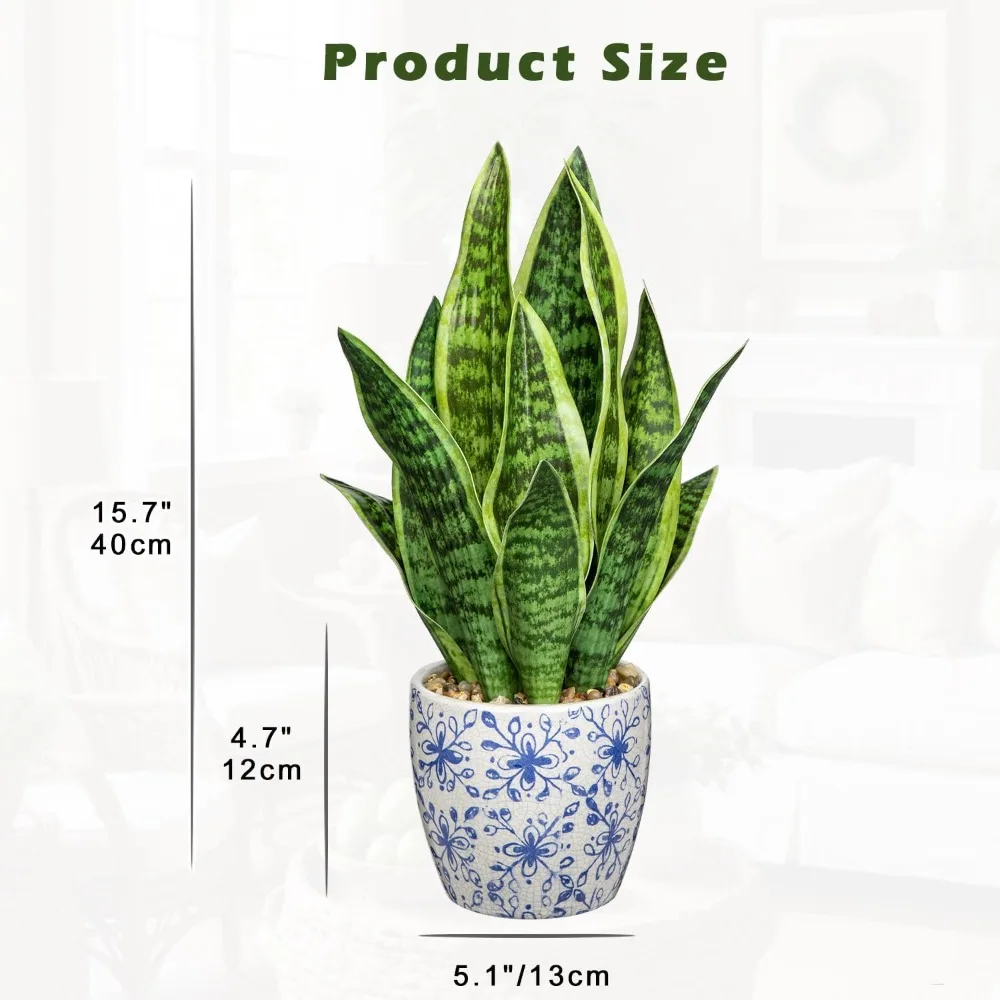 نبات الثعبان الاصطناعي في وعاء أزرق أبيض، 15.7 بوصة من Sansevieria لديكور المنزل والمكتب هدية الانتقال لمنزل جديد #2