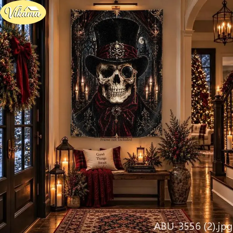VIKAMA Macabre Holiday Goblet Candle Holly Berry Wall Tapestry Noir Victorian Ornate Festive Room Home Decor Unique Gift Soft