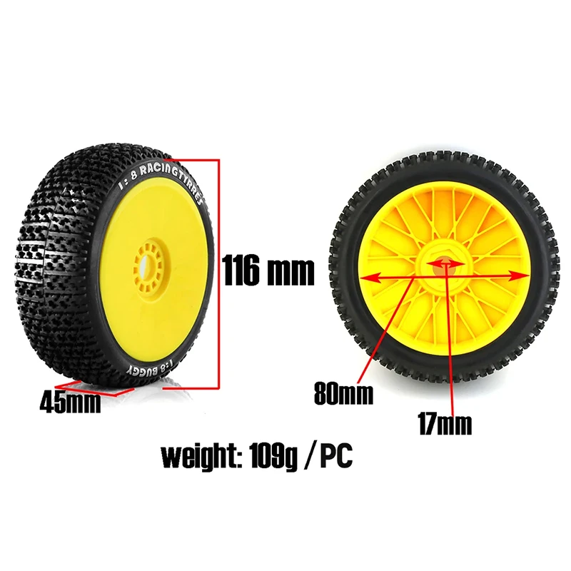 4Pcs 1/8 Scale 4WD Nitro Off Road Buggy Tires & Wheel Rims | 17mm Hex Adapter | Compatible with HSP/HPI/Kyosho /Traxxas RC Cars