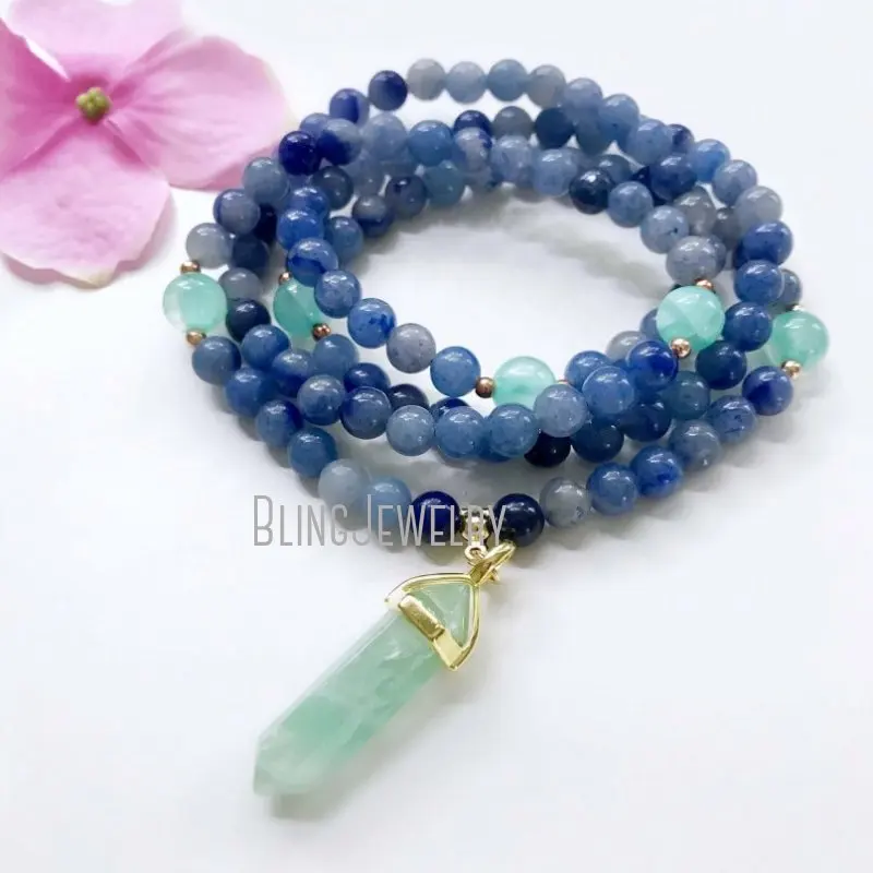 MN34595 Aventurine Necklace 108 Mala Beads   Blue   Meditation   Prayer 