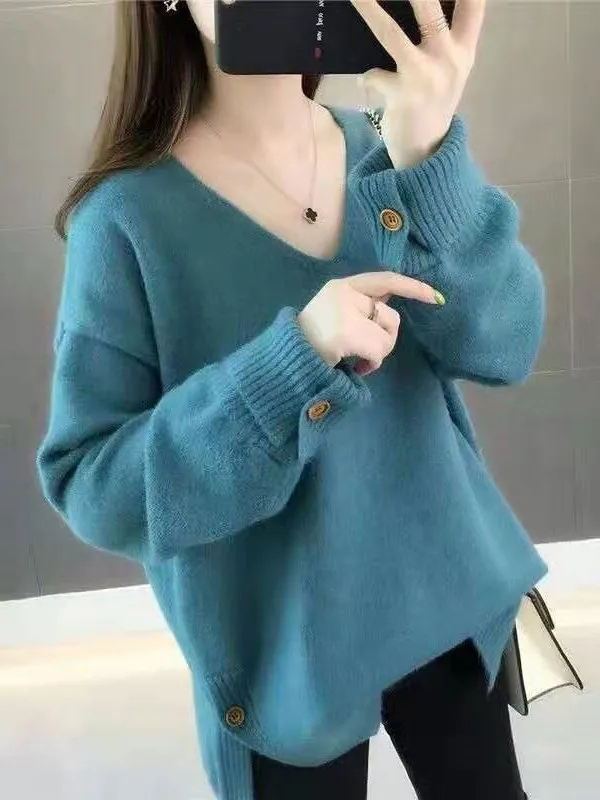 

Women's V-Ne Knitted Sweater Spring Autumn Loose Fit ort Sle Pullover Inner Wear Top Soft Polyester Fiber Long Sve