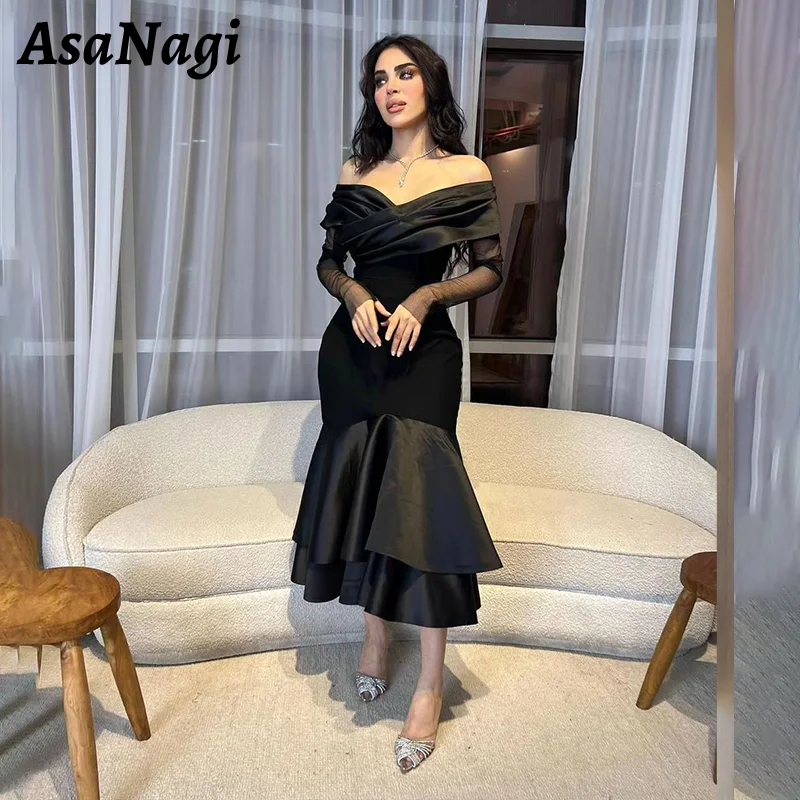 

AsaNagi Elegant Mermaid Prom Gowns Women's Off Shoulder Long Sleeve Party Evening Gown Tea Length Saudi Formal Occasion Dress