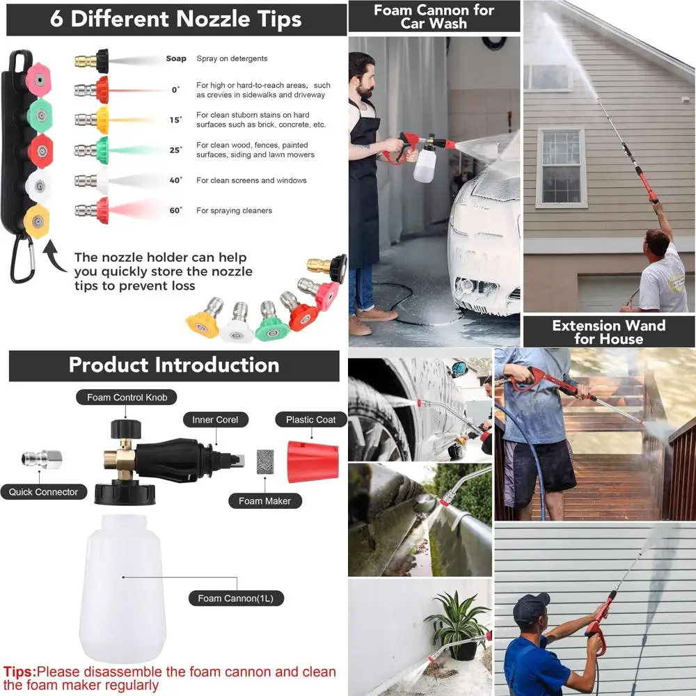 

Набор из 18 аксессуаров для мойки автомобилей с пистолетом для мойки под давлением 5000PSI, 6 насадками и 3 удлинительными шлангами