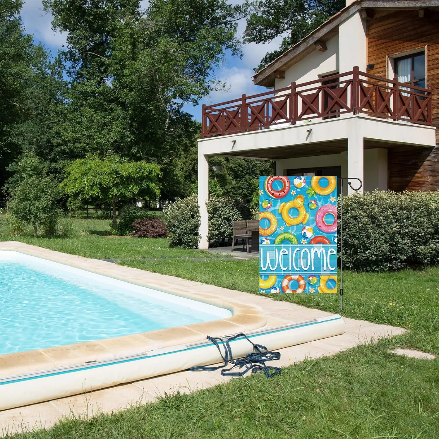 Louise Maelys Summer Welcome Garden Flag Swimming Ring Pool 12x18 Inch Double Sided Floral Small Burlap Holiday Yard Outdoor SSL