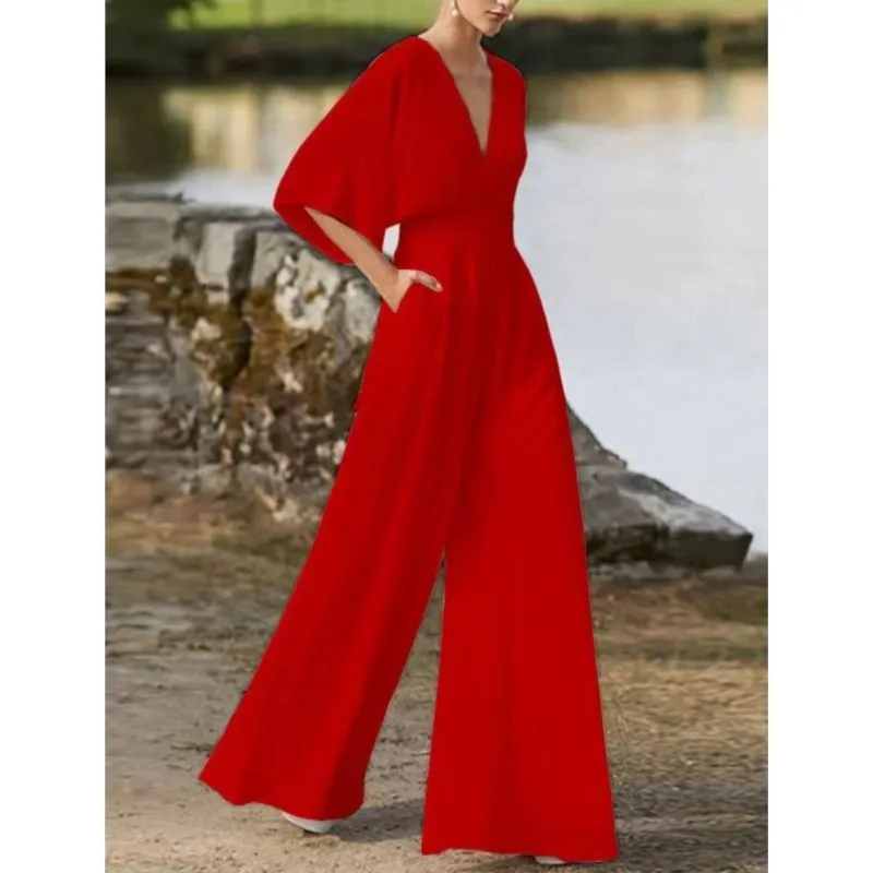 Women's Elegant Half Sleeve V-Neck Jumpsuits 2025 New Fashion Waist Long Wide Leg Jumpsuit Ladies Casual Loose Pockets Bodysuits