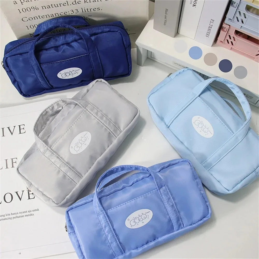 Simple Handbag Pen Bag Large Capacity with Handle Pencil Case Blue Color Waterproof Storage Pouch Students