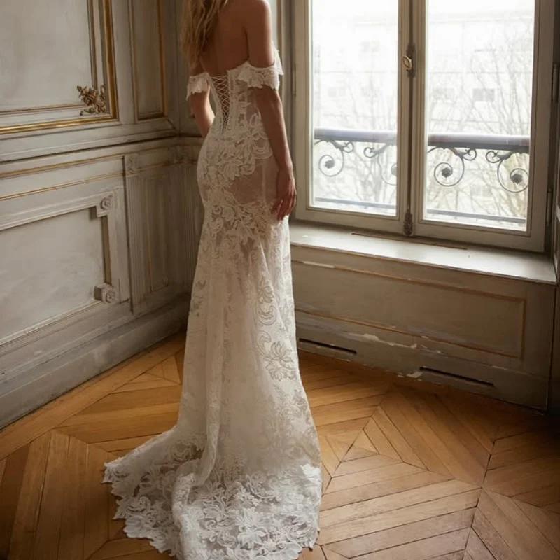 Ivory White Appliques Wedding Dresses off-shoulder fishtail Lace layering decal Bridal Gowns Made Customized