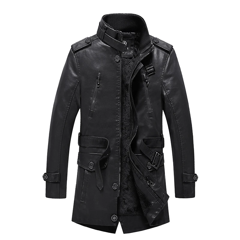 Gorasion New Men's Mid Length Stand Collar Leather Jackets Autumn Winter Fleece Thickened Trench Coats Leather Jackets