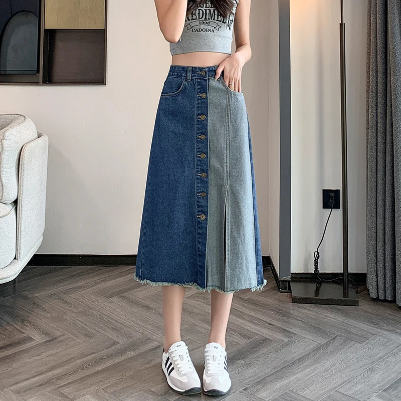 

Casual High Waist Patchwork Denim Skirts For Women Spring Summer Fashion Basic Single Breasted Long Y2k Jeans A-line Skirt Woman