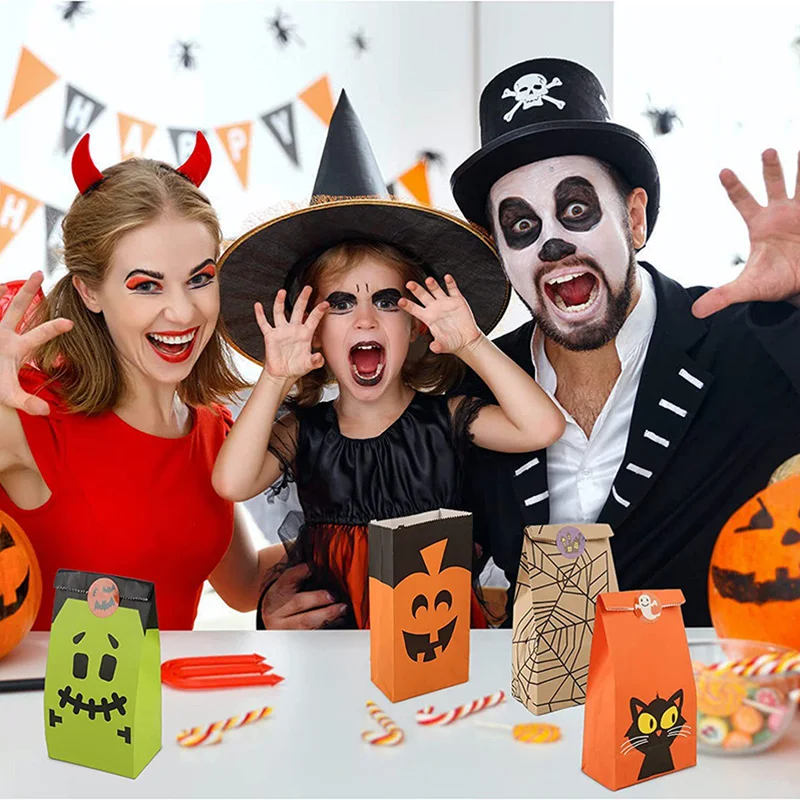 8pcs Halloween Flat Mouth Kraft Paper Bag Gift Packaging Storage Pumpkin Skull Spider Party Gathering Candy Storage Bag TMZ