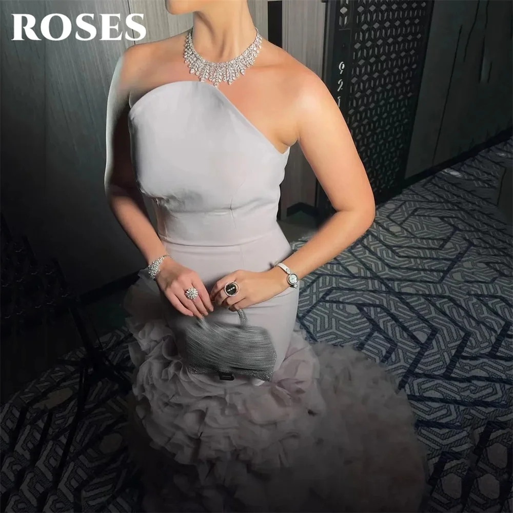ROSES Light Pink Evening Dress Strapless Satin Corset Evening Gown with Ruffled Tulle Mermaid Prom Dresses for Woman Customized image 5