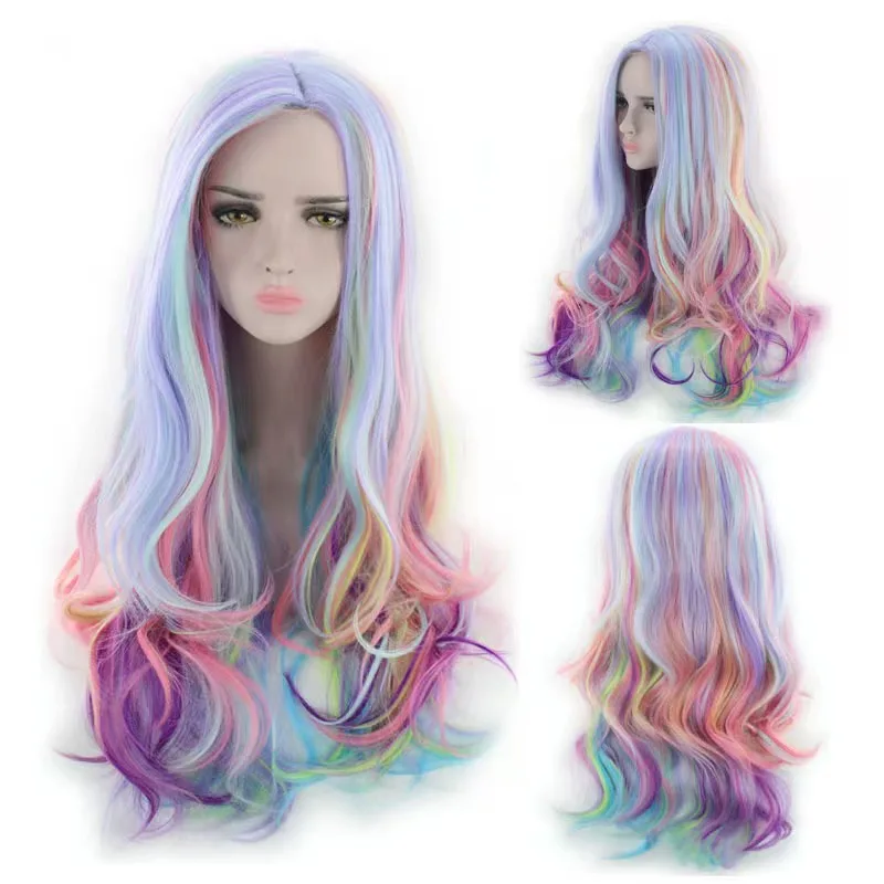 

26Inch Rainbow Color Multicolour Synthetic Wigs with Bang Long Natural Wavy Hair Wig for Women Cosplay Heat Resistant
