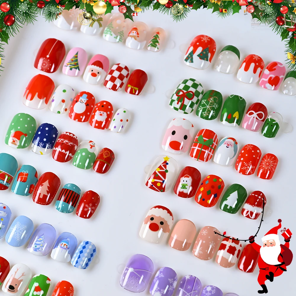 16Tip/Kit Free-Baking 3D Christmas Gel Nail Stickers Cartoon Santa Claus/Snowflake/Tree/Hat Nail Decal Self-adhesive Xmas Slider