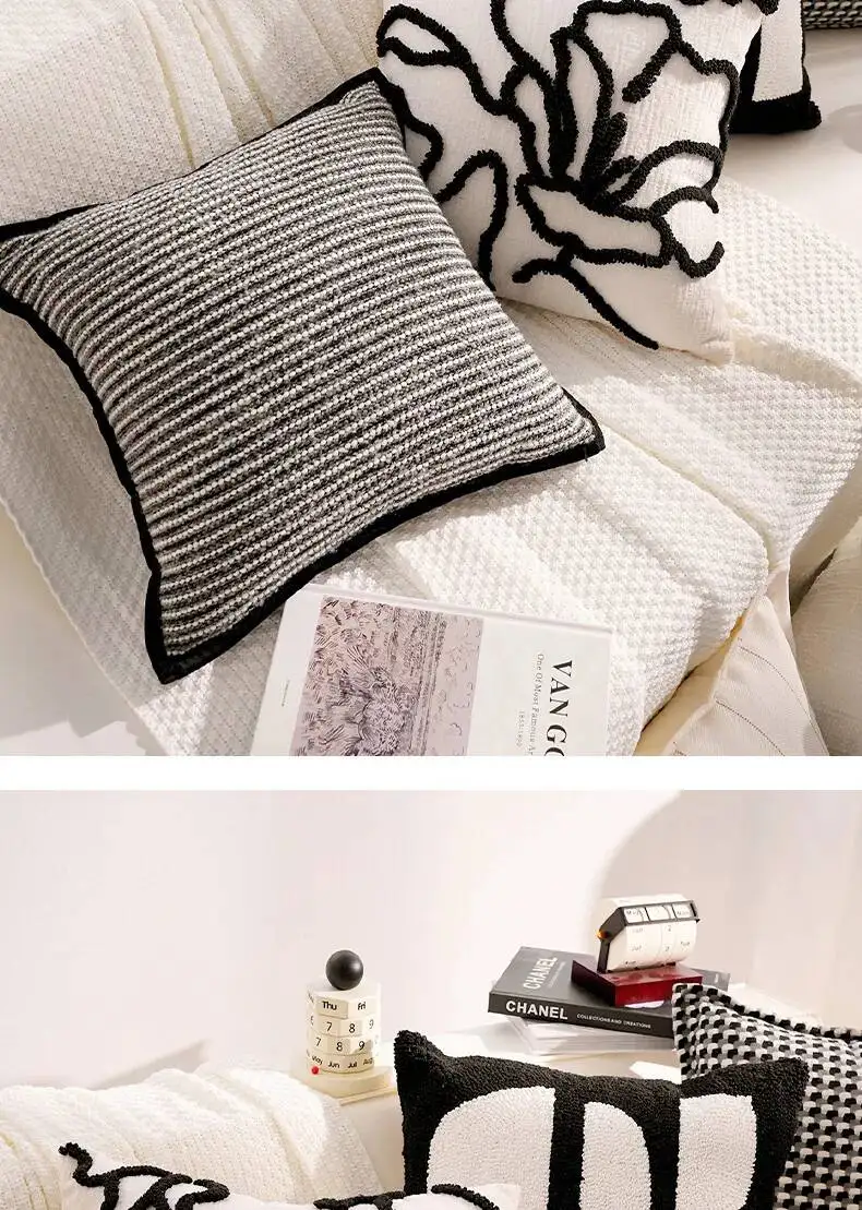 Luxuriöser französischer Stil Schwarz-Weiß Dekokissenbezug Chenille Boho Weiche Moderne Kissenhüllen für Sofa- und Bettdekoration – Detail 7