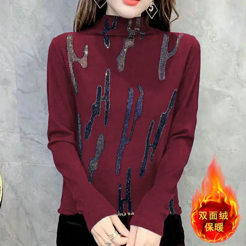 Hot Stamping Self Heating Semi High Neck Warm Top for Autumn and Winter New Double-sided Velvet Long Sleeved T-shirt for Women