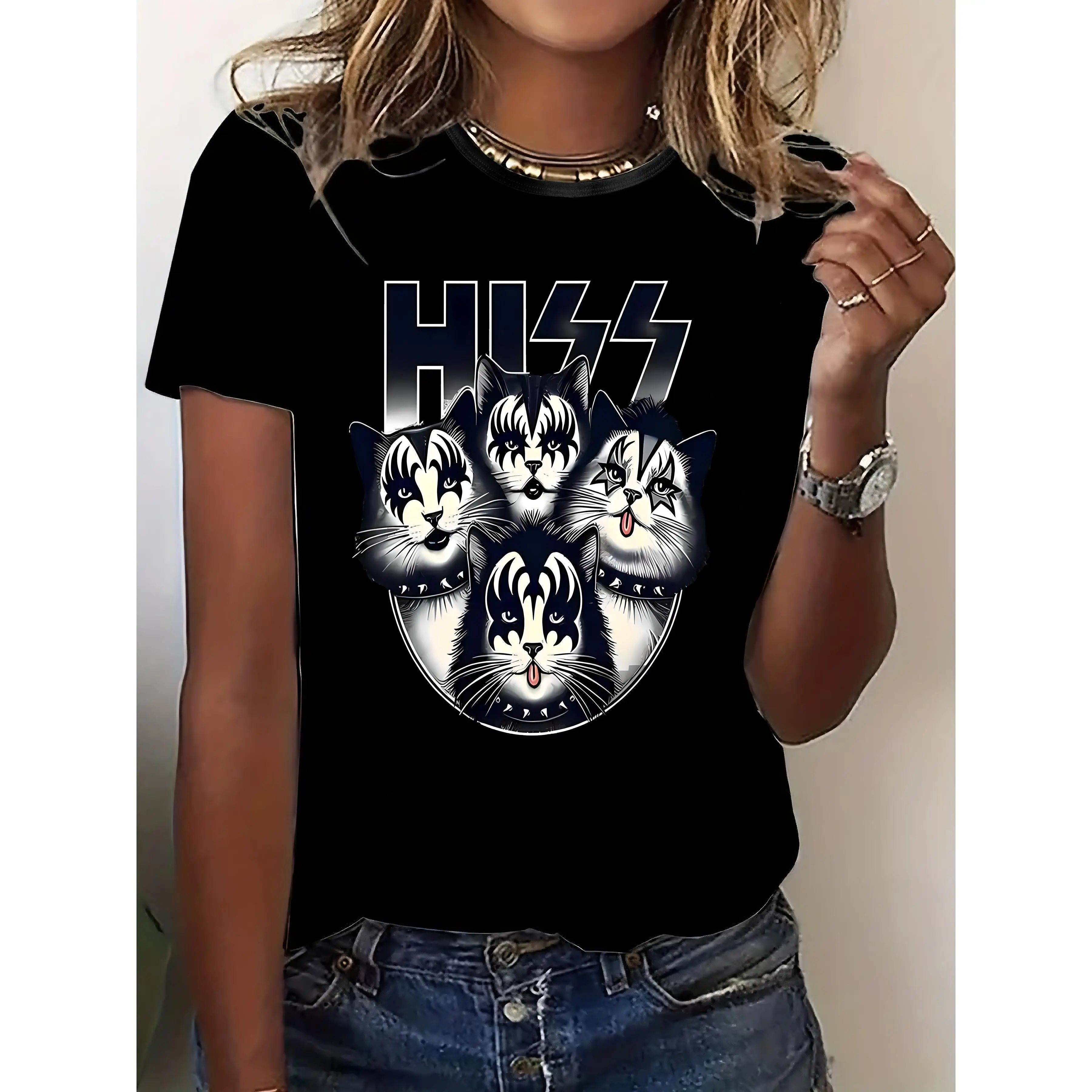 

Women's Casual Short Sleeve T-Shirt - Geometric Cat Print, Knit Fabric, Round Neck, Black With BlueLogo Design, Spring/Summer