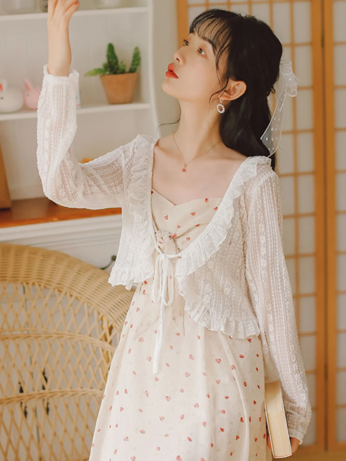 

Lightweight Lace ort Cardigan Women's Summer Outerwear Fairy Sle Svel V-Ne Kimono Length with Strap Dres