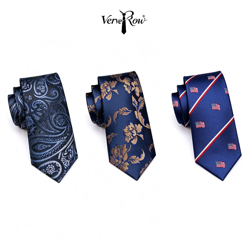 Conjunto de corbata y pañuelo de bolsillo para hombre VerveRow, diseño azul marino con estampado de paisley, motivos florales, bandera de los Estados Unidos y rayas, ideal para bodas, trajes de negocios y como accesorio.