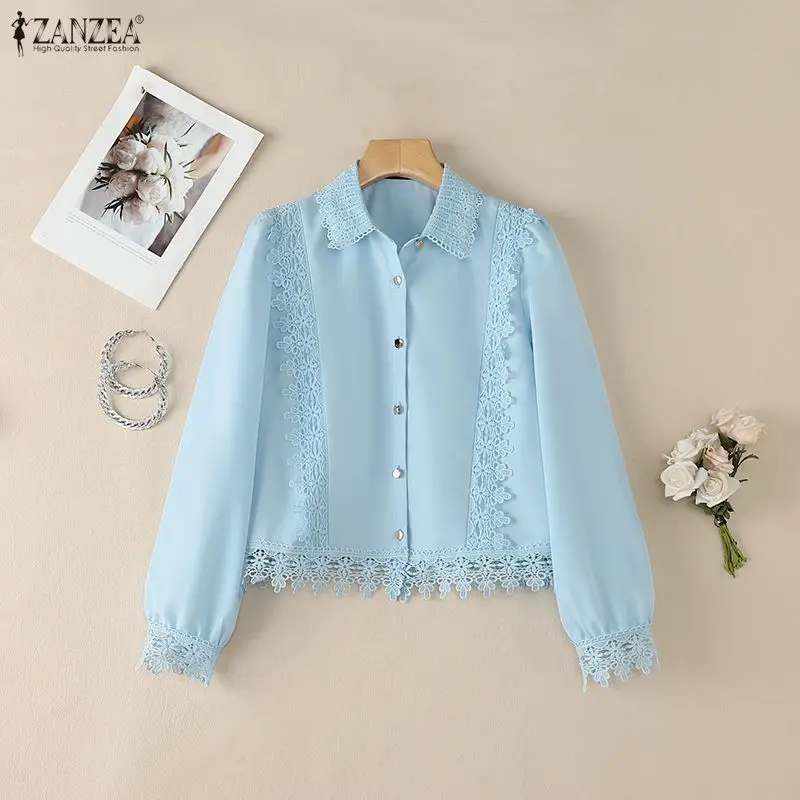 

Elegant Lace Patchwork Women Shirt ZANZEA Long Sleeve Summer Spring Buttons Casual Blusas Streetwear Solid OL Work Party Tops