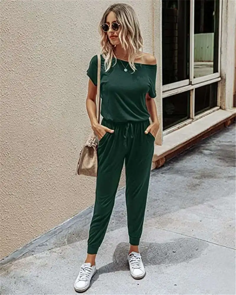 

2025 Spring/Summer Women's Fashion Slant Shoulder Short Sleeve Pocket Jumpsuit Pants