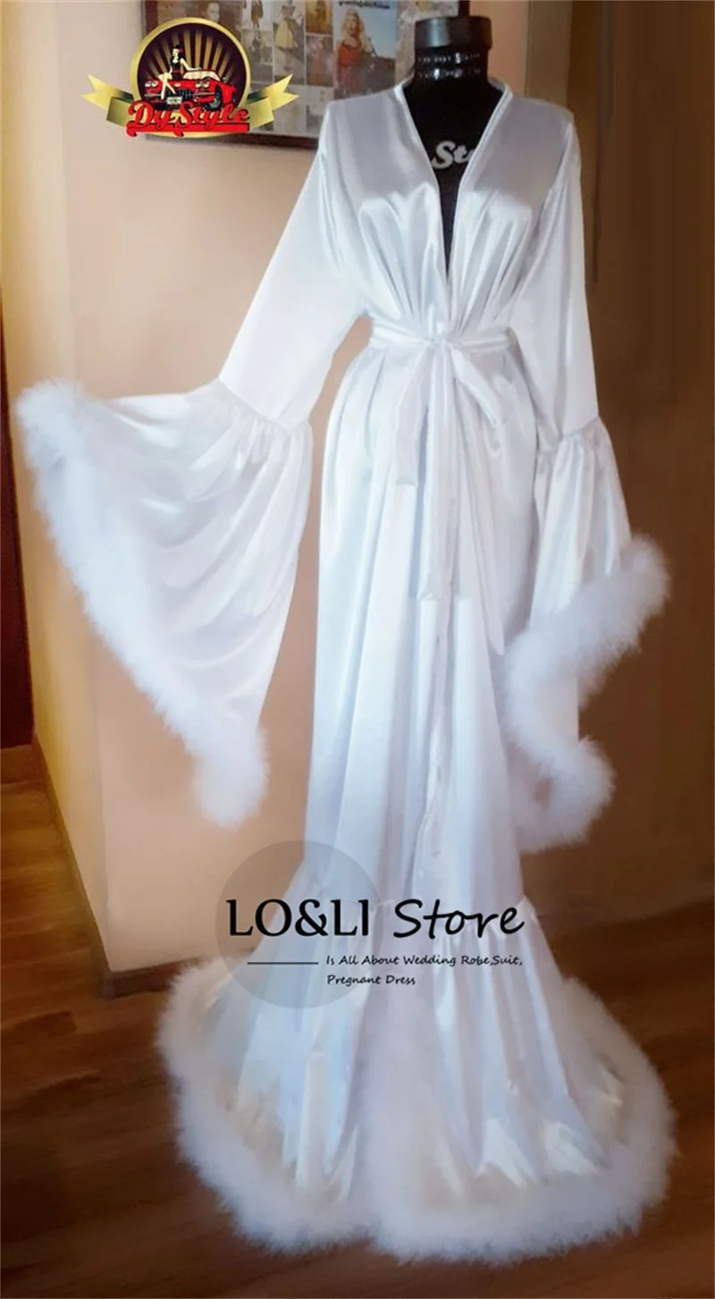 Fur Robe For Women White Silk Bathrobe with Belt Custom Made Wedding Robe Bride Morning Robe Women Pajamas Elegant Bridal Robe