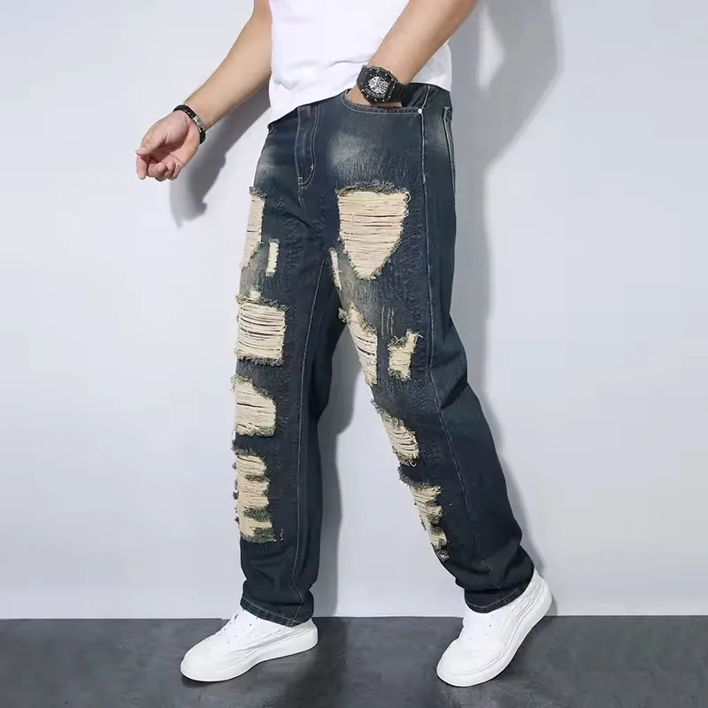 Celana Jeans Kaki Lebar Pria Celana Lurus Merek Trendi Celana Jeans Gaya Baru Sobek Pengemis Celana Panjang Reguler Pria Nyaman Sejuk