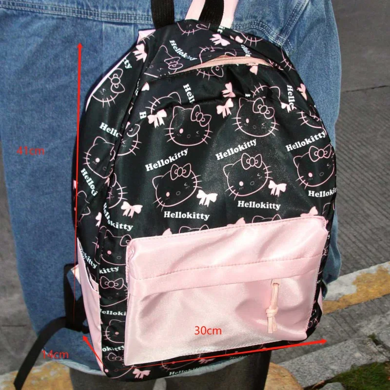 Mochila feminina com estampa Sanrio Hello Kitty, mochila escolar de grande capacidade, preta, rosa contrastante, moda coreana, bolsa kawaii, Y2k, nova