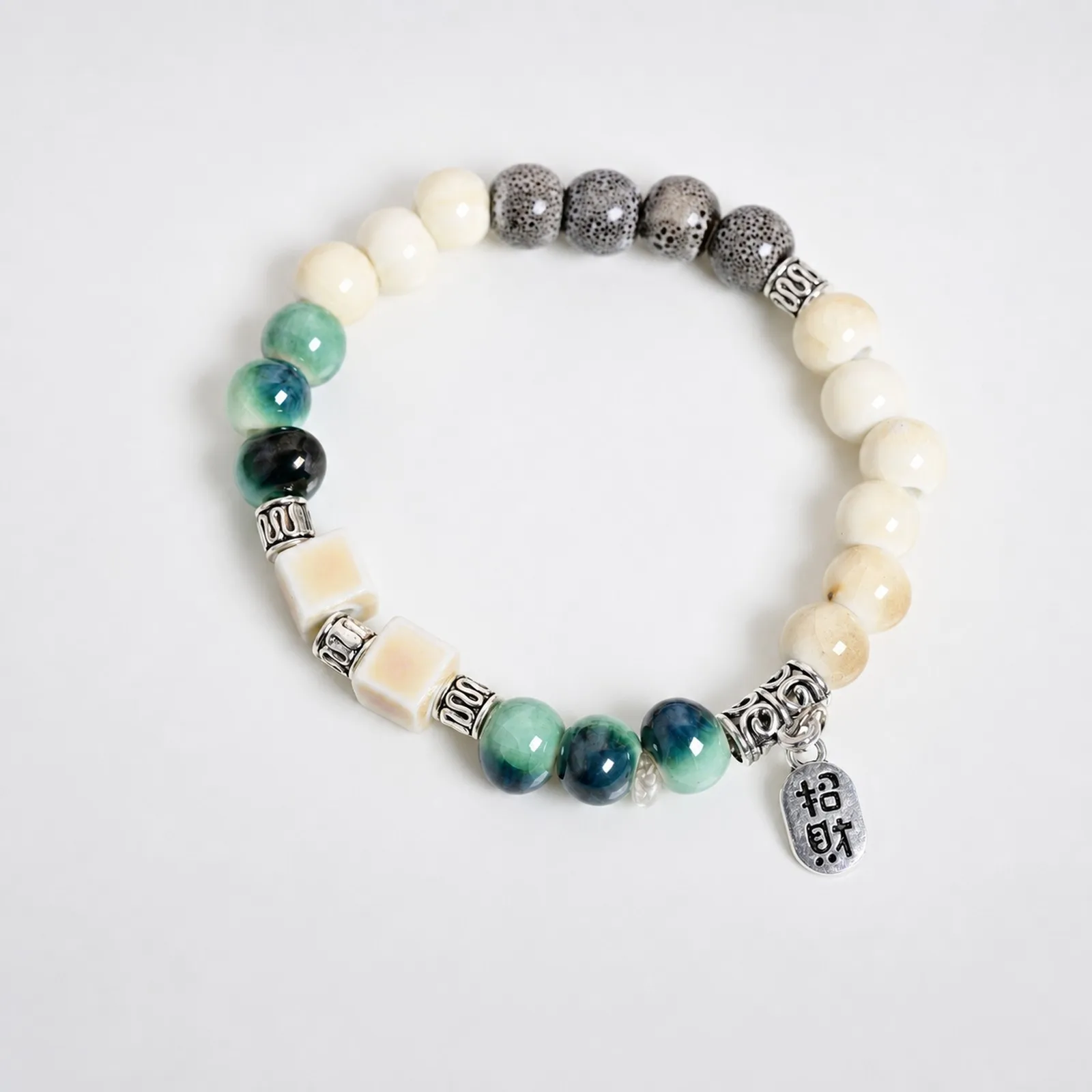 Handmade Ceramic Bead Stretch Bracelet With Handwoven Elastic Cord And Metal Fittings Beaded Jewelry Y260705-09