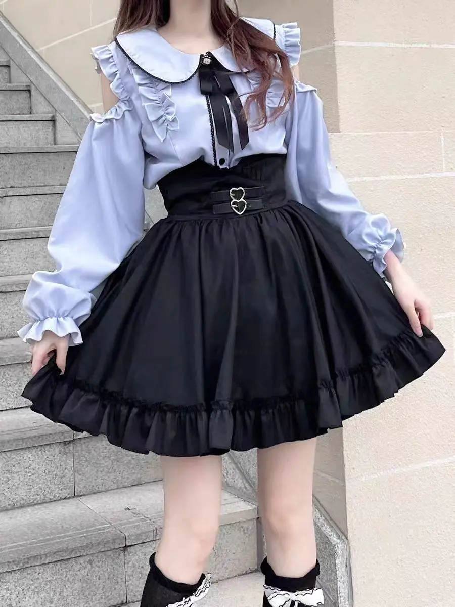 

Sweet Lolita JK Skirt Set Two Pieces Vestido Women Kawaii Bow Blouse Black Skirt Japanese Ruffle Hollow Out Student Girls Suit