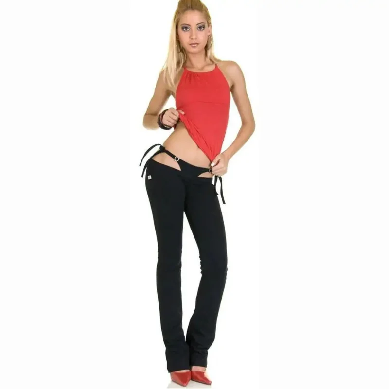 2025 New Low Waist Slim Flare Pants Sexy G String False Two Pieces Trousers Women Night Clubwear Spodnie Punk Rock Push Up A abc