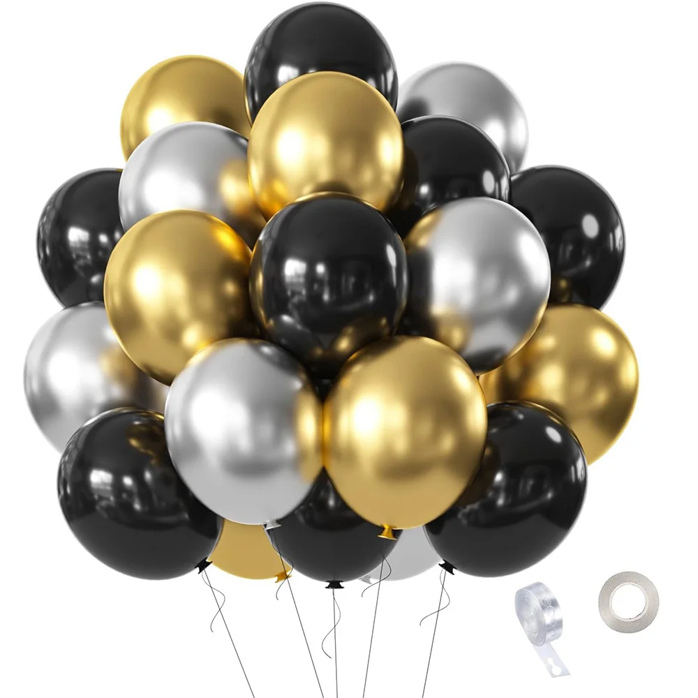 Ballons Noir Blanc Argent 60 Pièces 12 Pouces - Kit Fête Métallisé Avec Confettis Pour Anniversaire Et Mariage